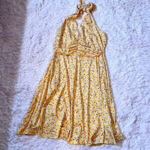 Yellow Floral Cottage Fairy Core Whimsical Feminine Earthy Boho Halter Dress